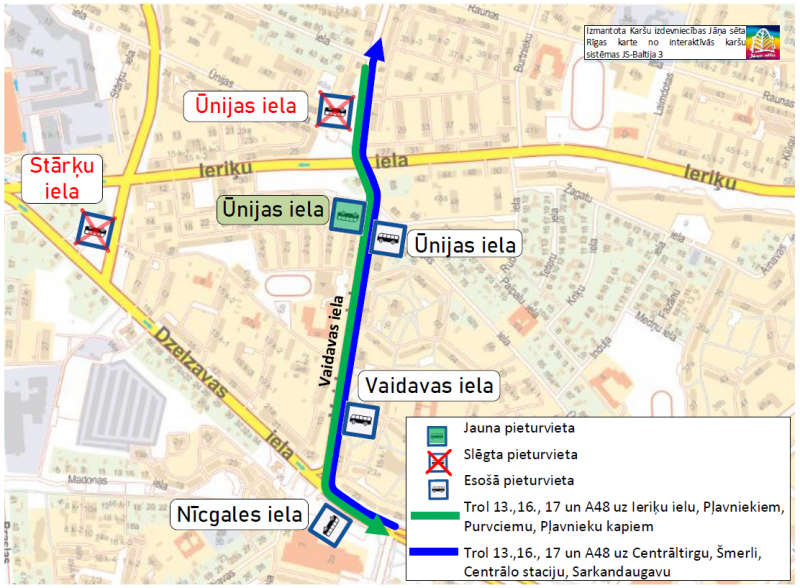 Karte ar  izmaiņām 13., 16., 17. trolejbusa un 48. autobusa maršrutā