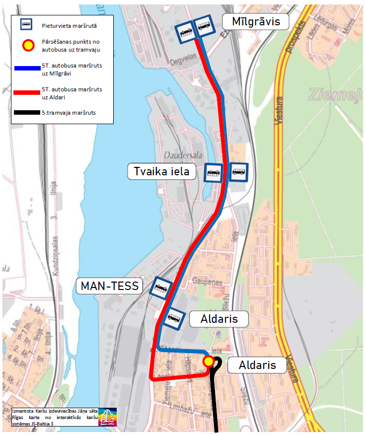 Karte ar izmaiņām 5. maršruta tramvaja satiksmē 