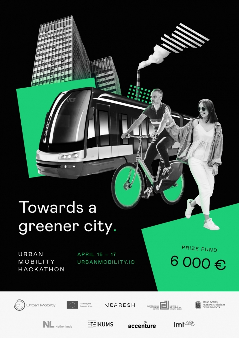 Plakāts uz kura attēloti cilvēki, tramvajs un ēkas