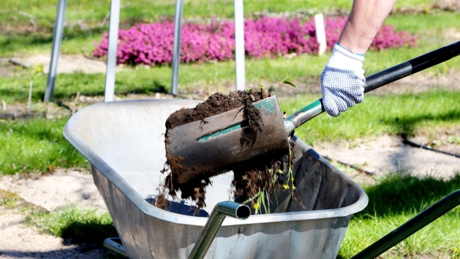 Ķerrā ar lāpstu ber zemi