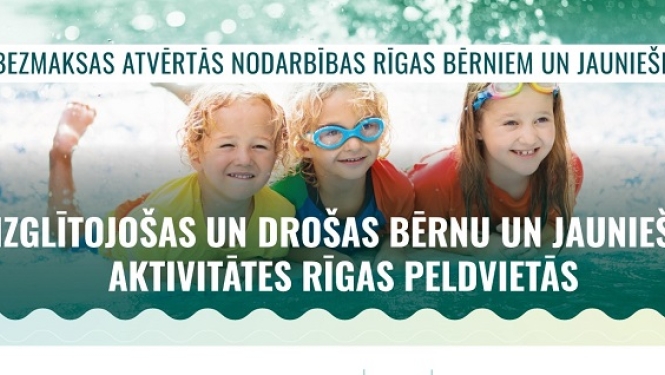 Plakāts- drošas bērnu un jauniešu aktivitātes Rīgas peldvietās
