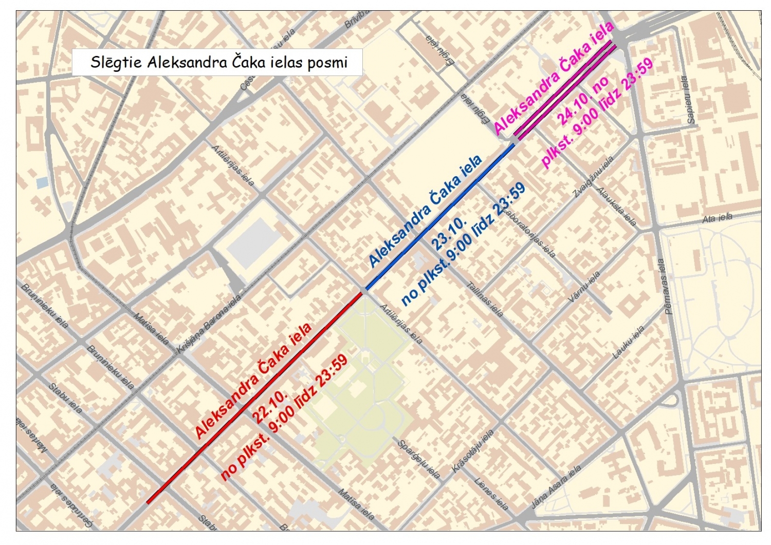 Slēgtie ceļu posmi Aleksandra Čaka ielā
