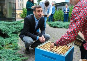 Urbānais biškopis Uģis Mālnieks iepazīstina Rīgas domes priekšsēdētāju Mārtiņu Staķi ar bišu stropu ieziemošanas procesu