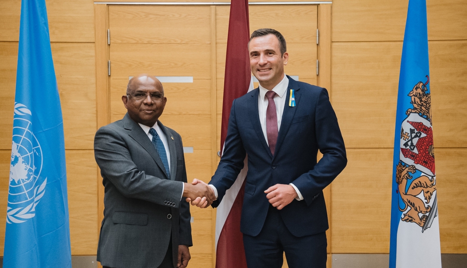 Rīgas domes priekšsēdētājs Mārtiņš Staķis un  ANO Ģenerālās asamblejas prezidents Abdulla Šahids